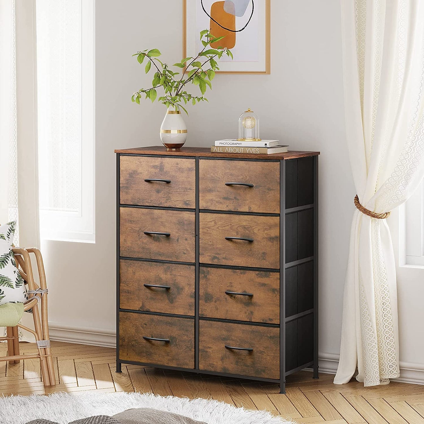 8 Drawer Fabric Storage Tower Rustic Brown For Bedroom