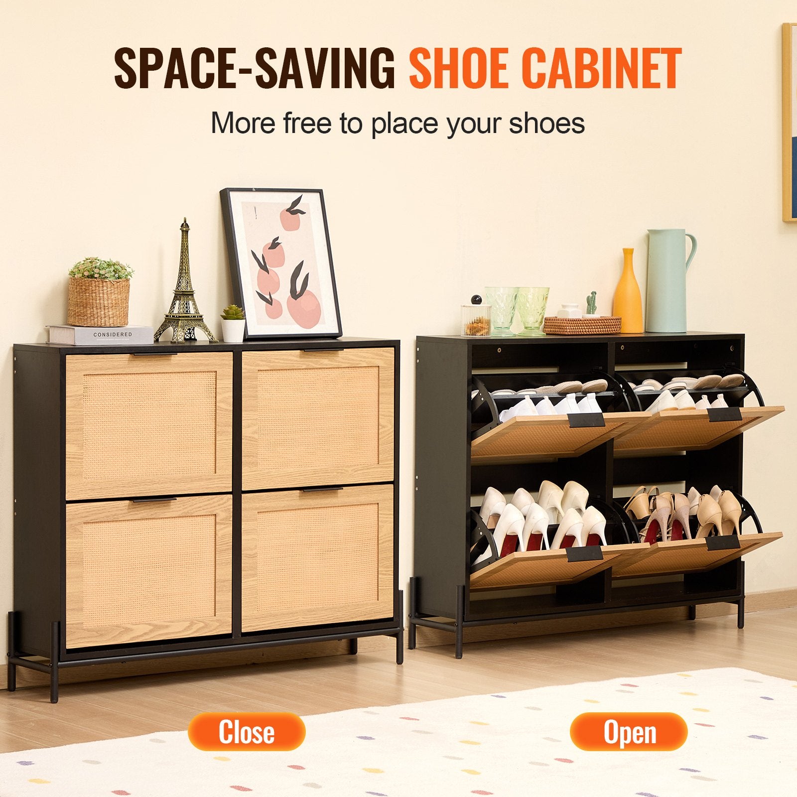 Narrow Shoe Storage Organizer With 4 Flip Drawers, Slim Shoe Entryway Storage Cabinet With Metal Legs