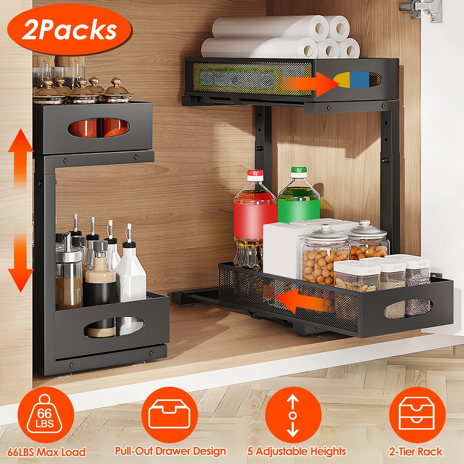 2Pcs Under Sink Organizer 2 Tier Pull Out Cabinet Baskets Storage