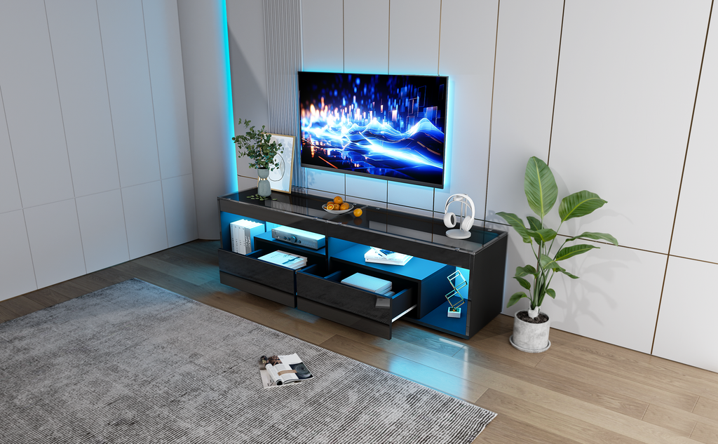 High Gloss TV Stand With 2 Drawers,glass Tabletop,TV Cabinet Storage