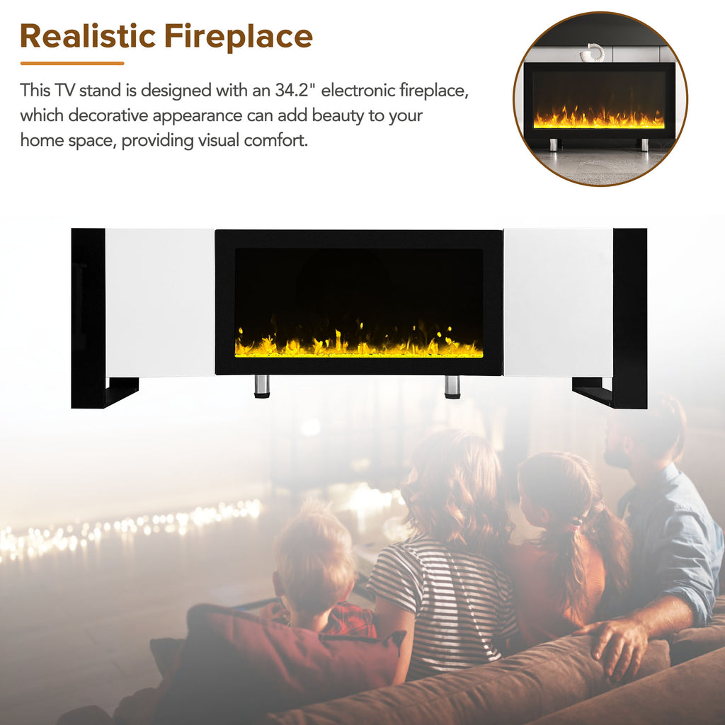 Modern TV Stand With 34” Non-heating Electric Fireplace, High Gloss Entertainment, TVs Up To 78”