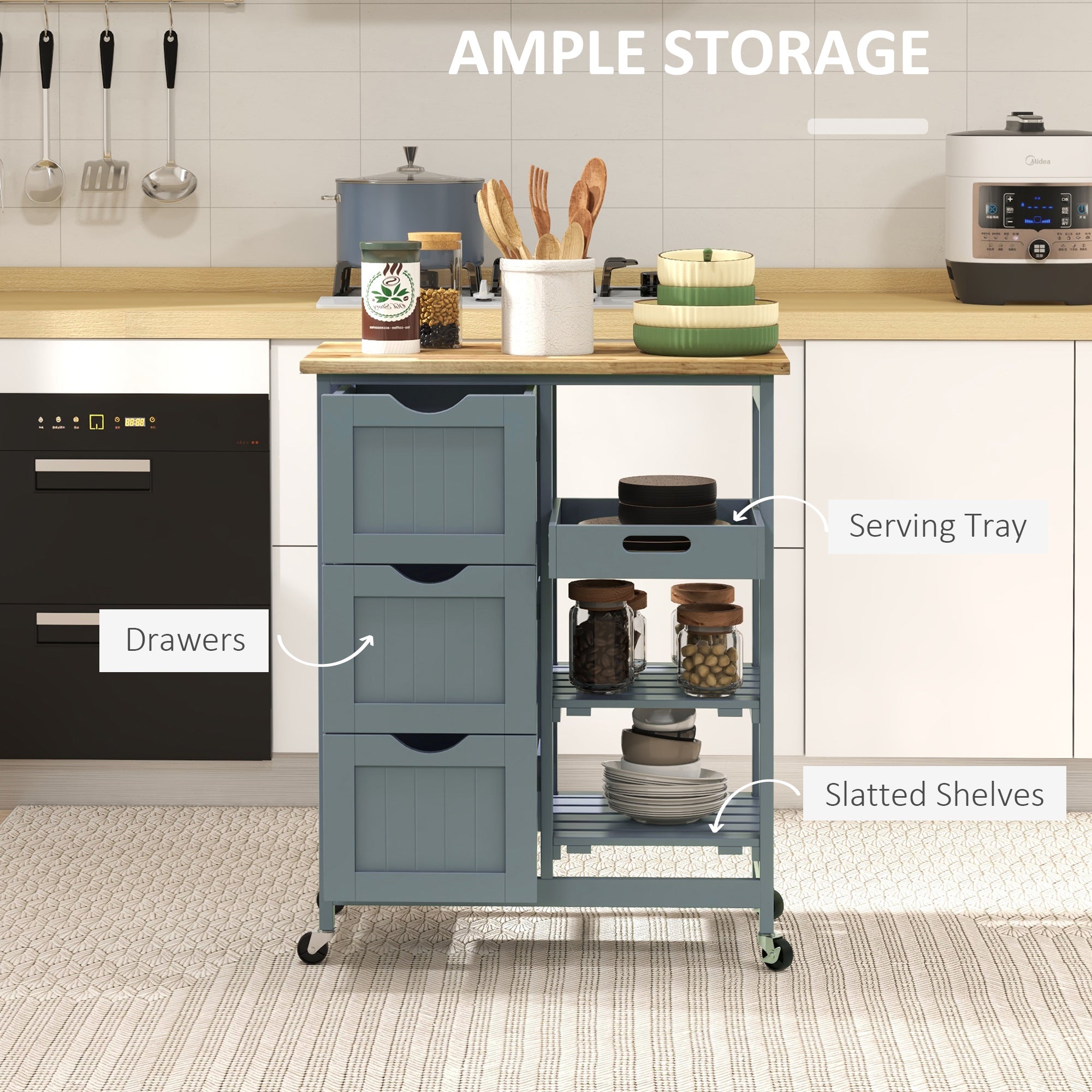 Rolling Kitchen Cart, Kitchen Island with Wood Top, Shelves & Drawers