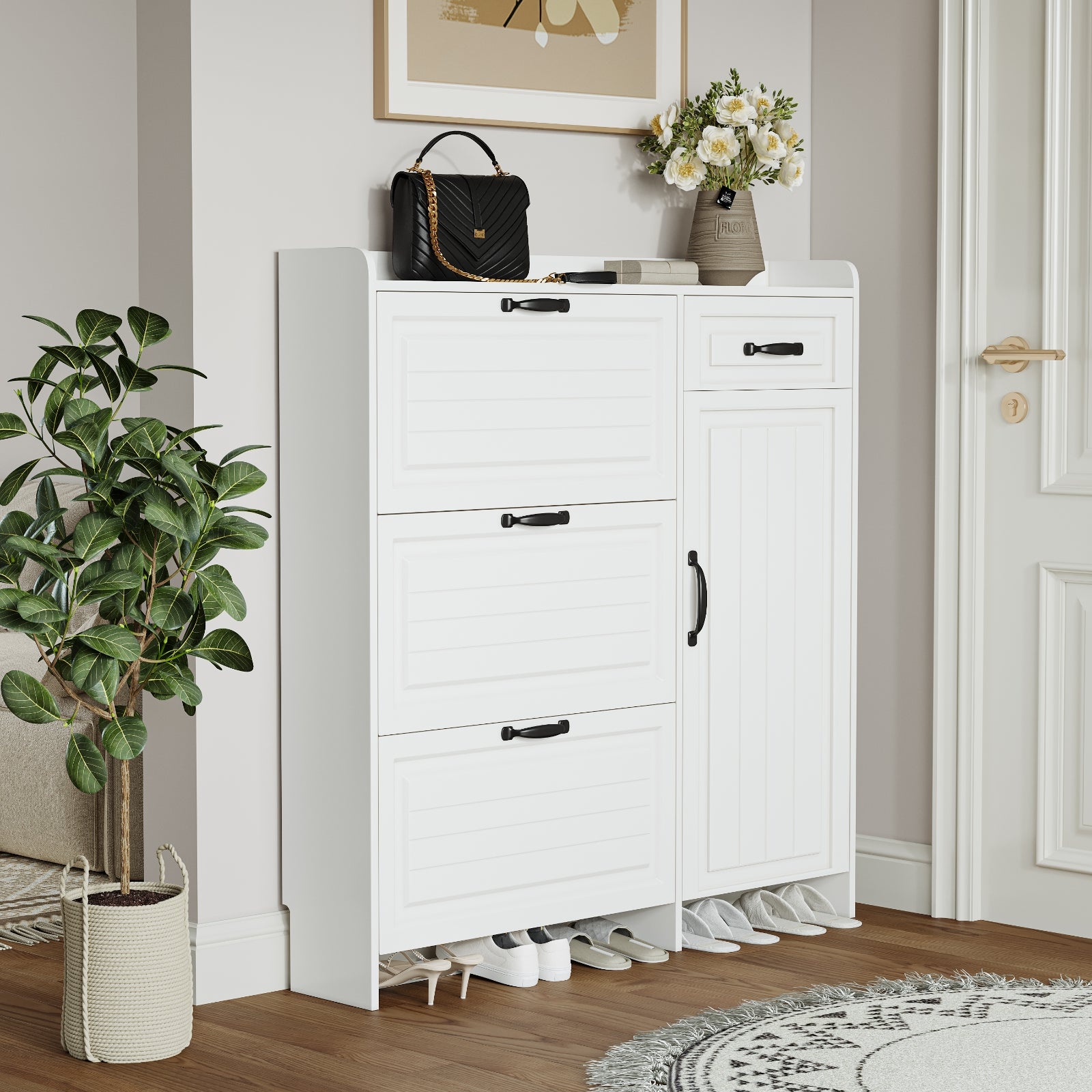 Shoe Cabinet With 4 Doors 1 Drawers,PVC Door With Shape