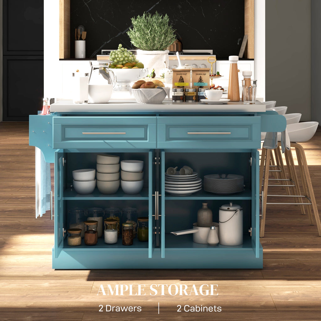 Rolling Kitchen Island with Stainless Steel Top, 2 Drawers, Spice, Knife and Towel Rack and Cabinets, Teal Blue