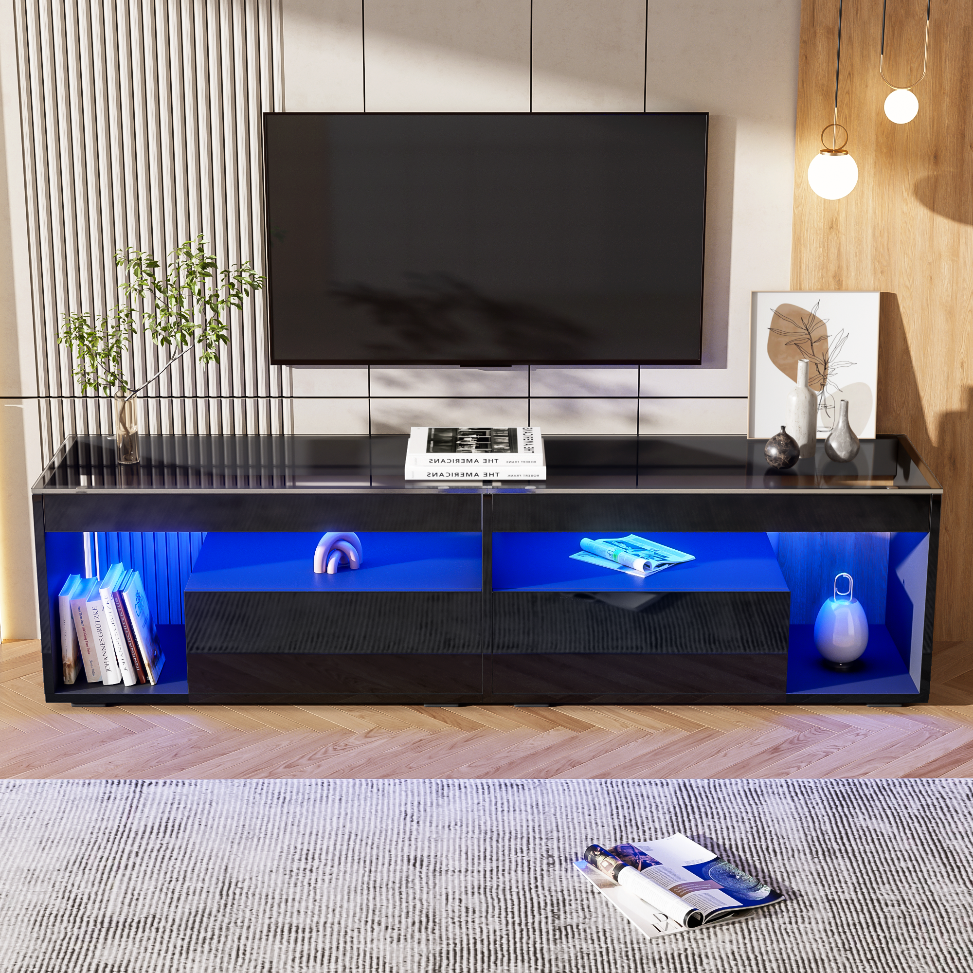 High Gloss TV Stand With 2 Drawers,glass Tabletop,TV Cabinet Storage