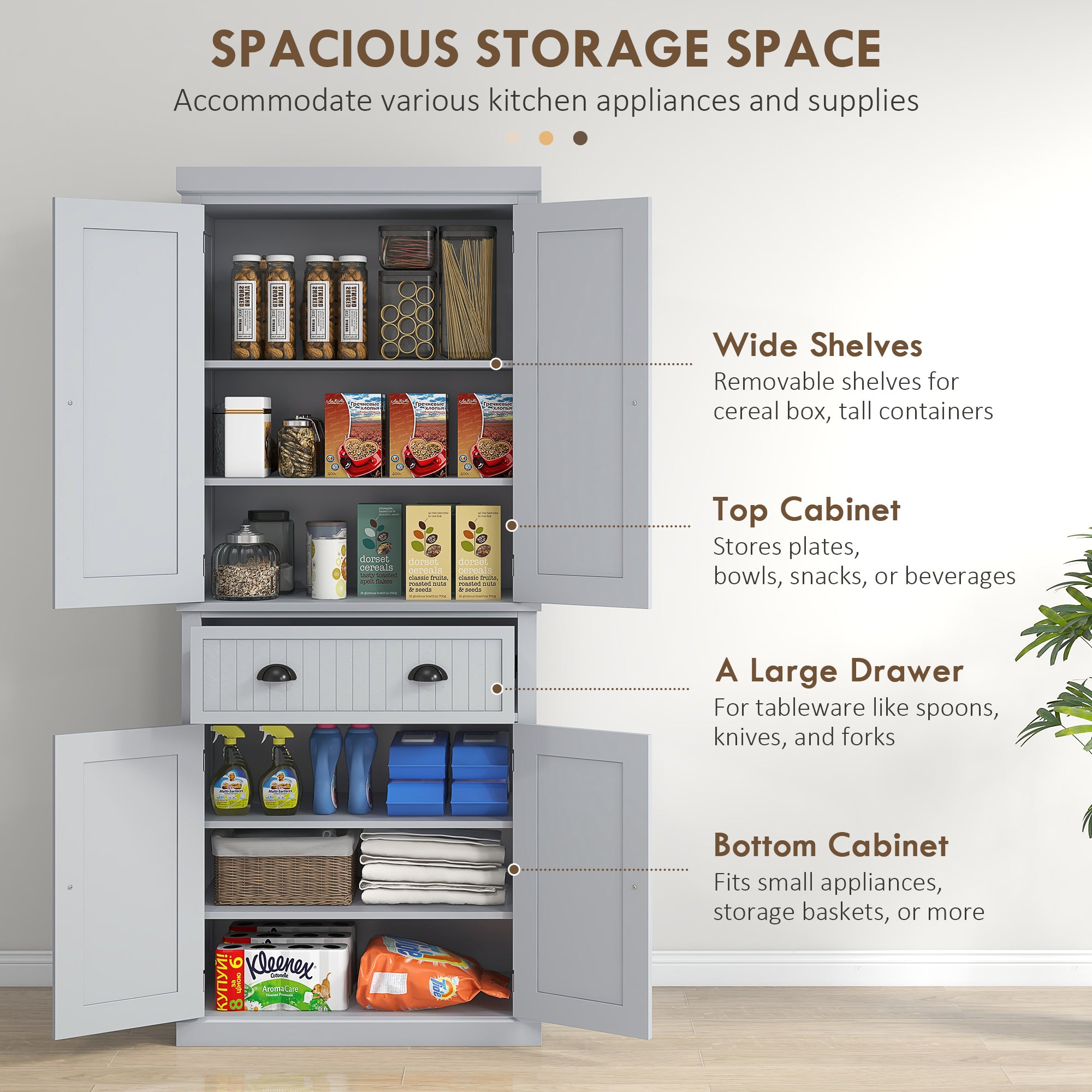 72" Traditional Kitchen Pantry Cabinet, Freestanding Tall Storage Cabinet with 4 Doors, Drawer and 3 Adjustable Shelves