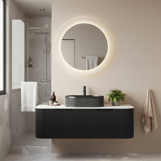 48" Bathroom Vanity With Sink, Modern Wall-Mounted Floating Curved Edges Striped Bathroom Storage Cabinet With 2 Drawers, Black Ceramic Vessel Basin Without Faucet