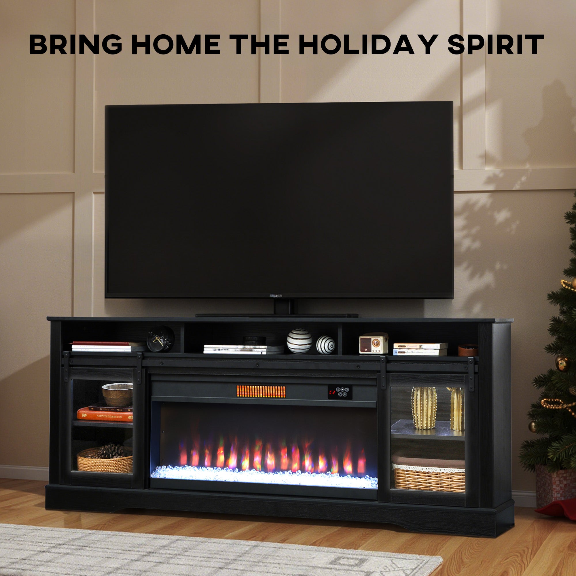 Fireplace TV Stand for TVs Up to 80”, TV Console with Electric Fireplace, Open Storage and Side Cabinets