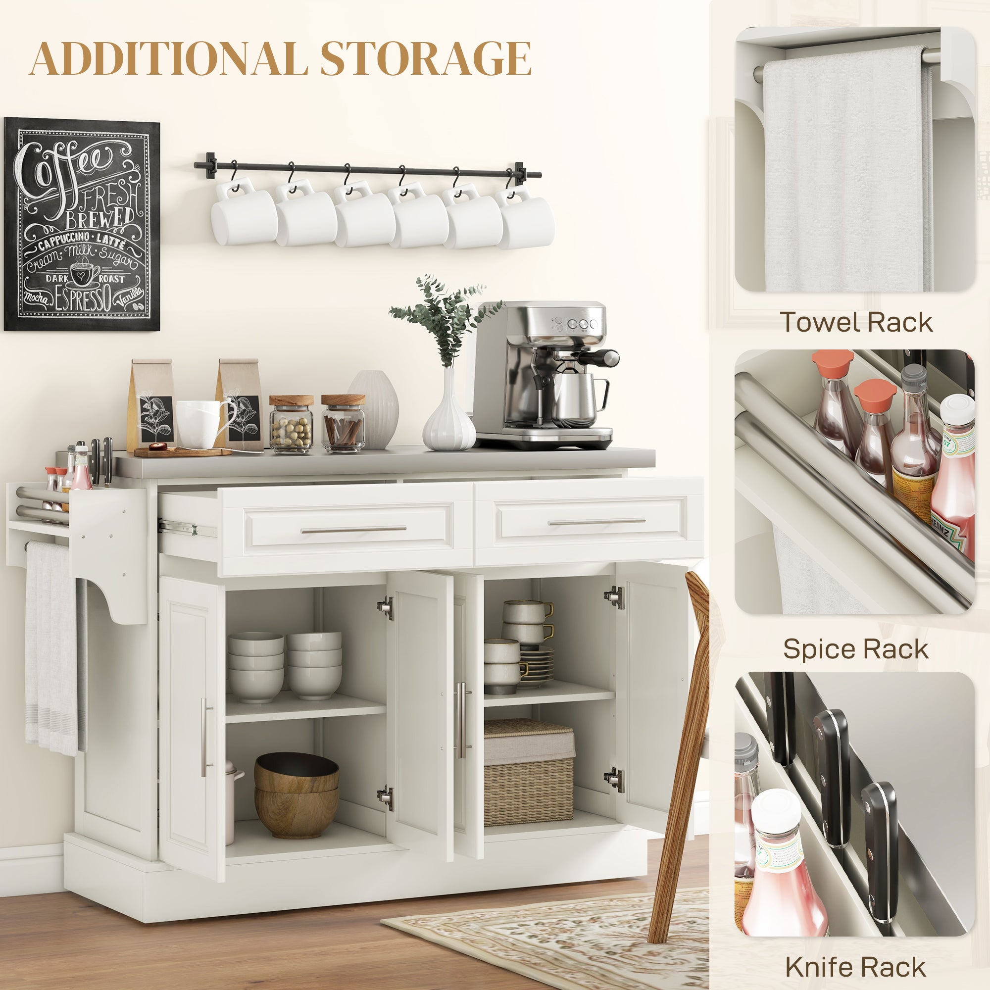 Rolling Kitchen Island with Stainless Steel Top, 2 Drawers, Spice, Knife and Towel Rack and Cabinets, Cream White
