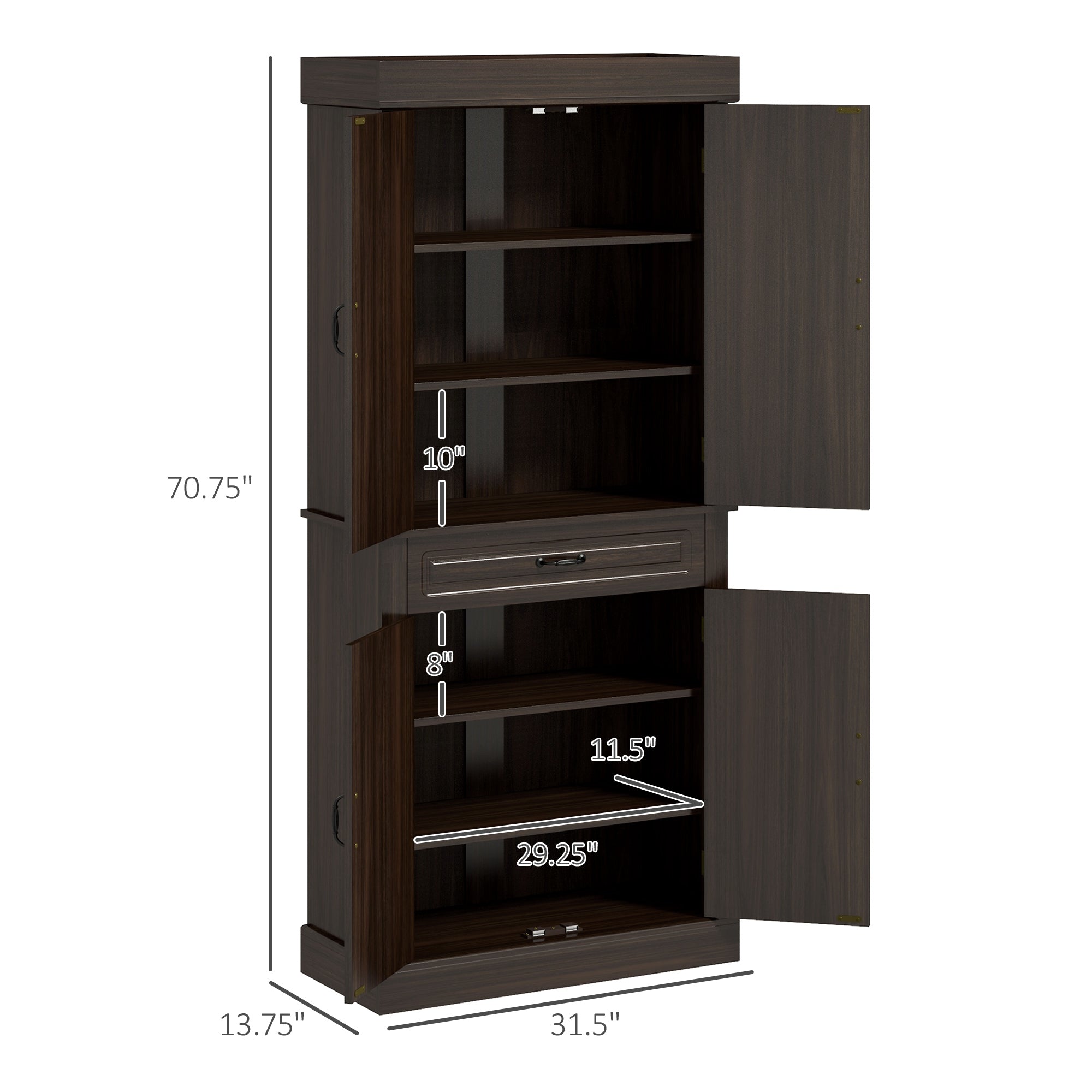 71" Freestanding Kitchen Pantry with 4 Doors and 2 Large Cabinets, Tall Storage Cabinet with Drawer, Coffee