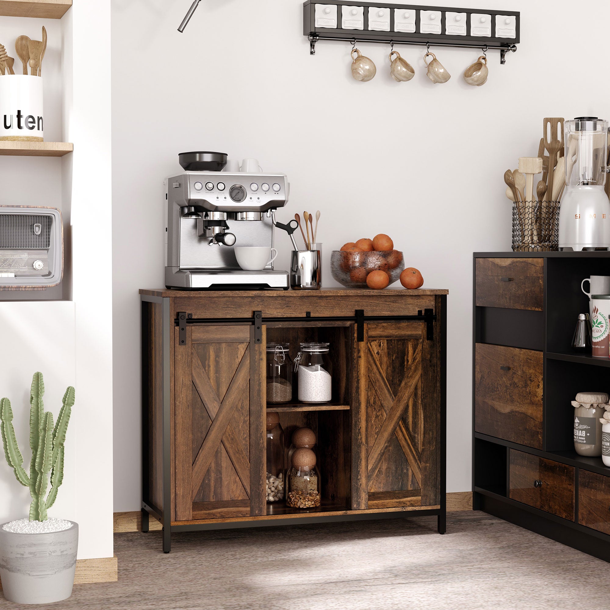 Industrial Sideboard Buffet Cabinet, Coffee Bar Cabinet, Kitchen Cabinet With Sliding Barn Doors