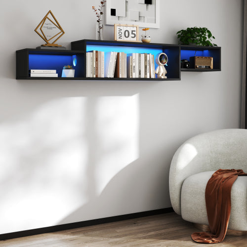 65” Wall Mounted Floating TV Stand With 20 Color LEDs And Charging Station