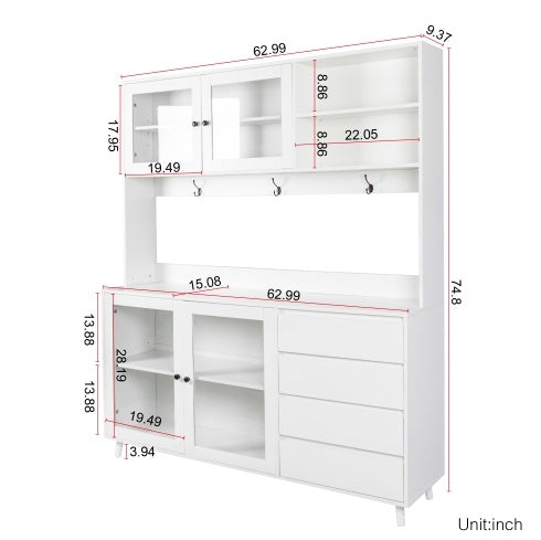 63”w Large Kitchen Hutch Cabinet, Freestanding Pantry Cabinets Storage Kitchen Cupboard With 4 Doors, 4 Drawers & Microwave Shelf, White