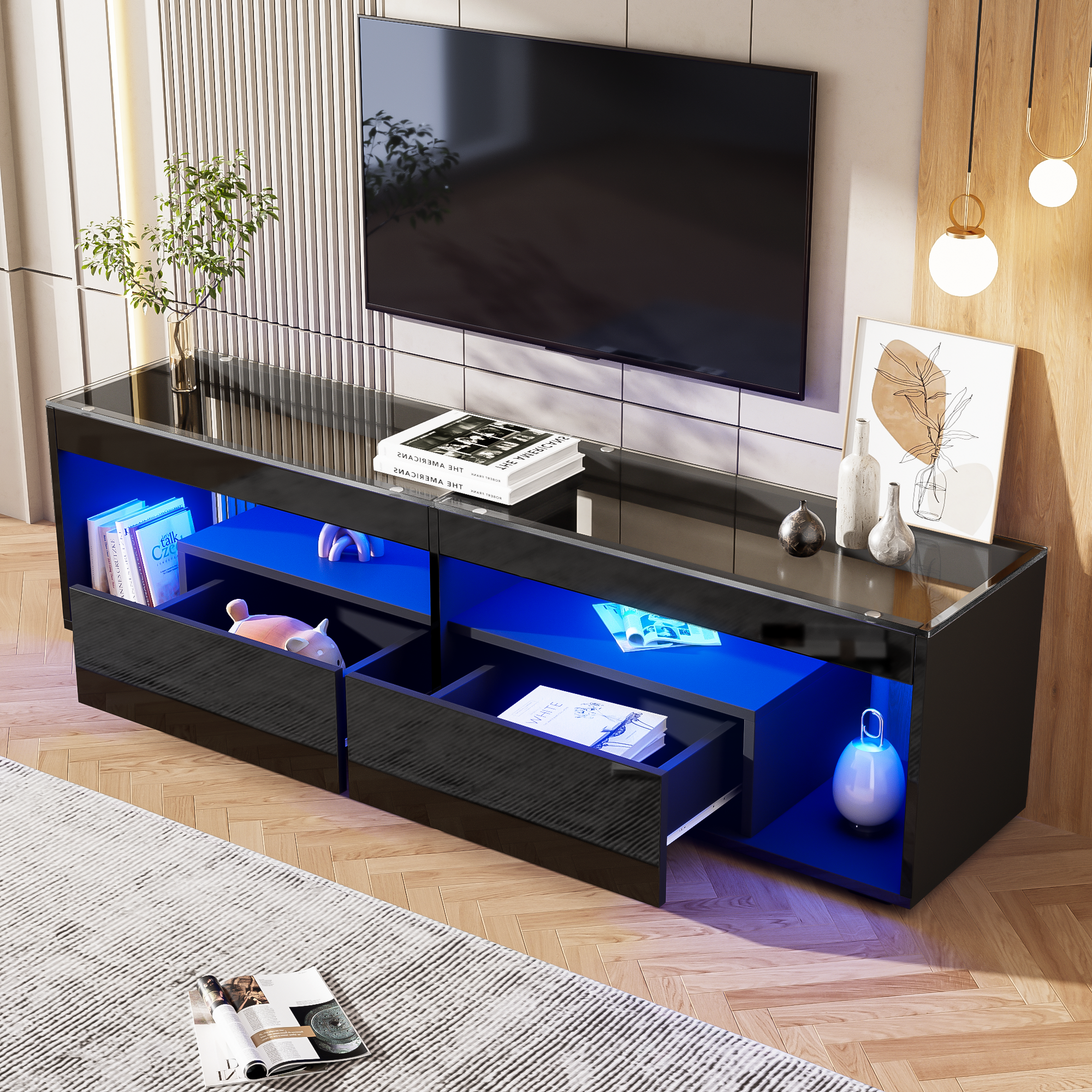 High Gloss TV Stand With 2 Drawers,glass Tabletop,TV Cabinet Storage