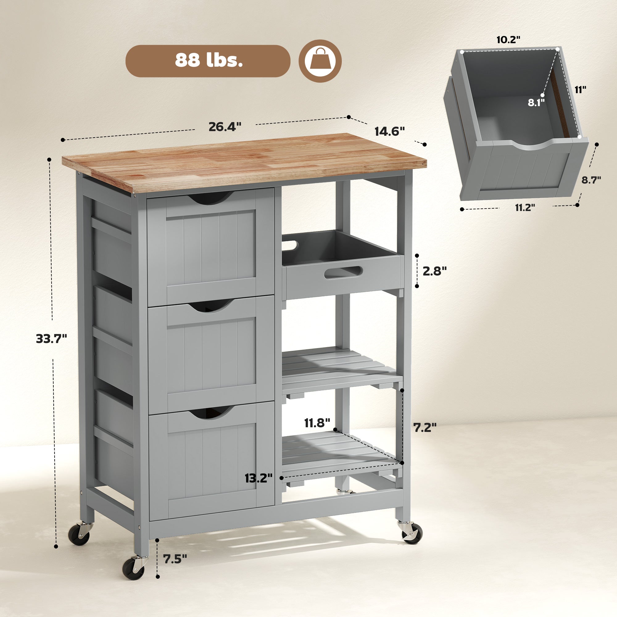 Rolling Kitchen Cart, Kitchen Island with Wood Top, Shelves & Drawers