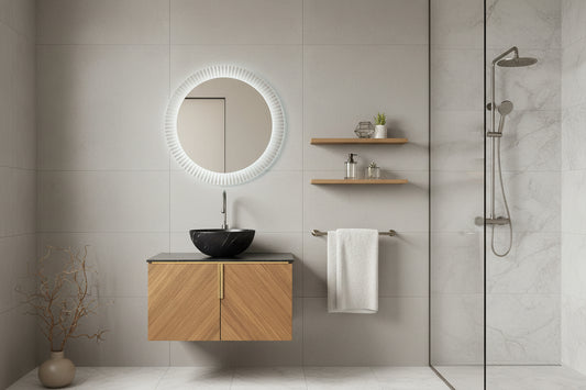 30" Bathroom Vanity&Sink, Floating Plywood Bathroom Storage Cabinet With 2 Doors, Black Sintered Stone Top&Black Bowl Ceramic Basin With Stone Pattern