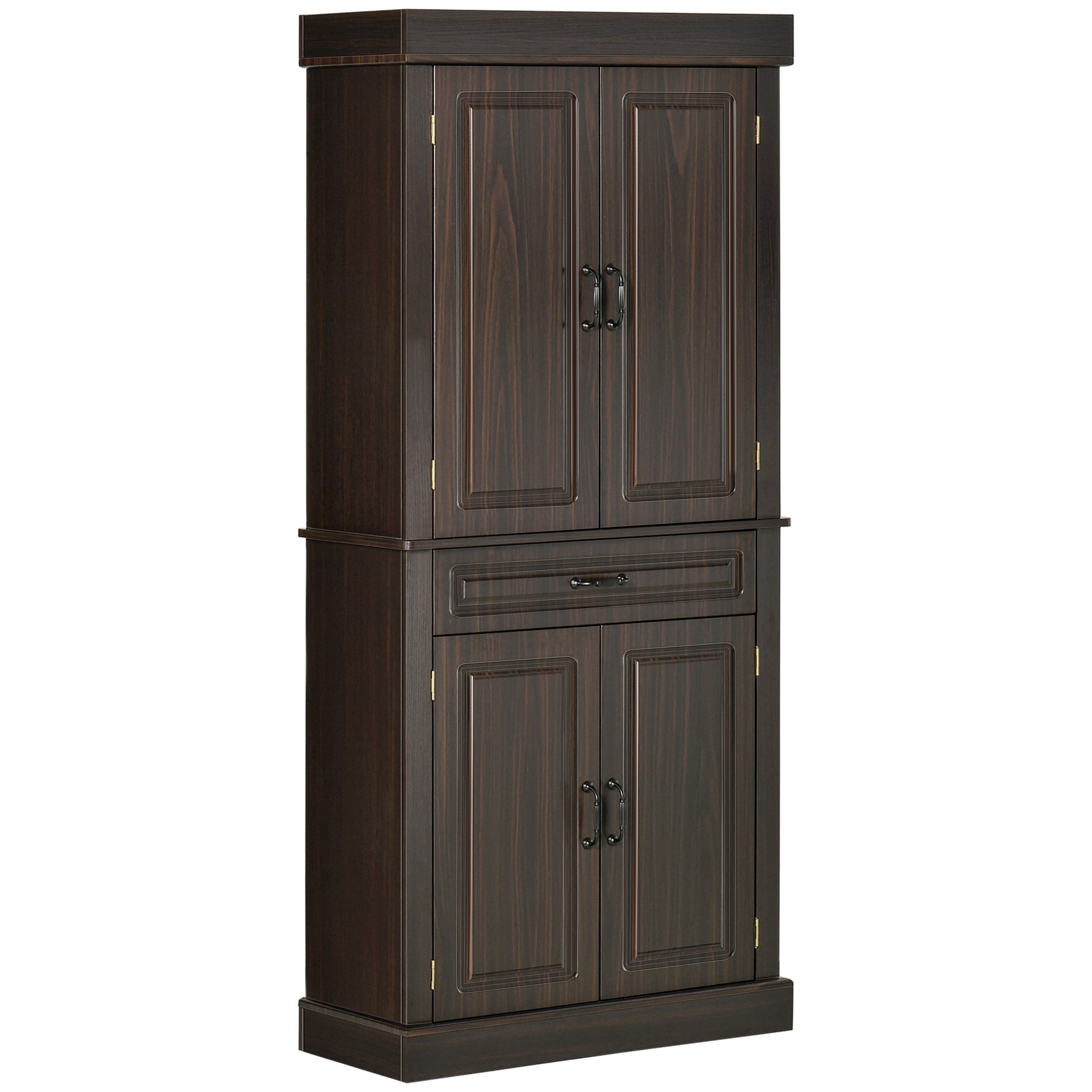 71" Freestanding Kitchen Pantry with 4 Doors and 2 Large Cabinets, Tall Storage Cabinet with Drawer, Coffee