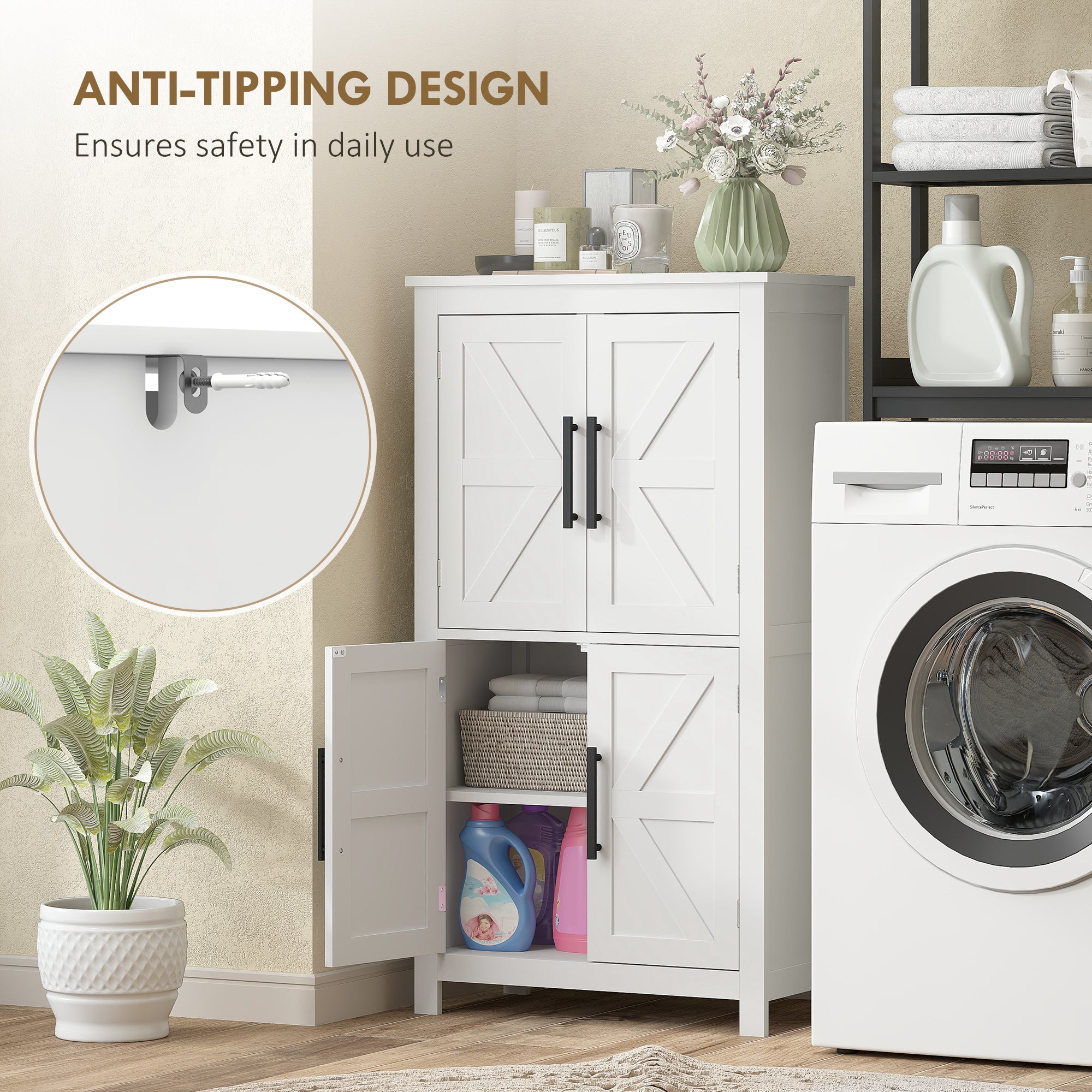 Farmhouse Bathroom Cabinet with 4 Doors and Adjustable Shelf