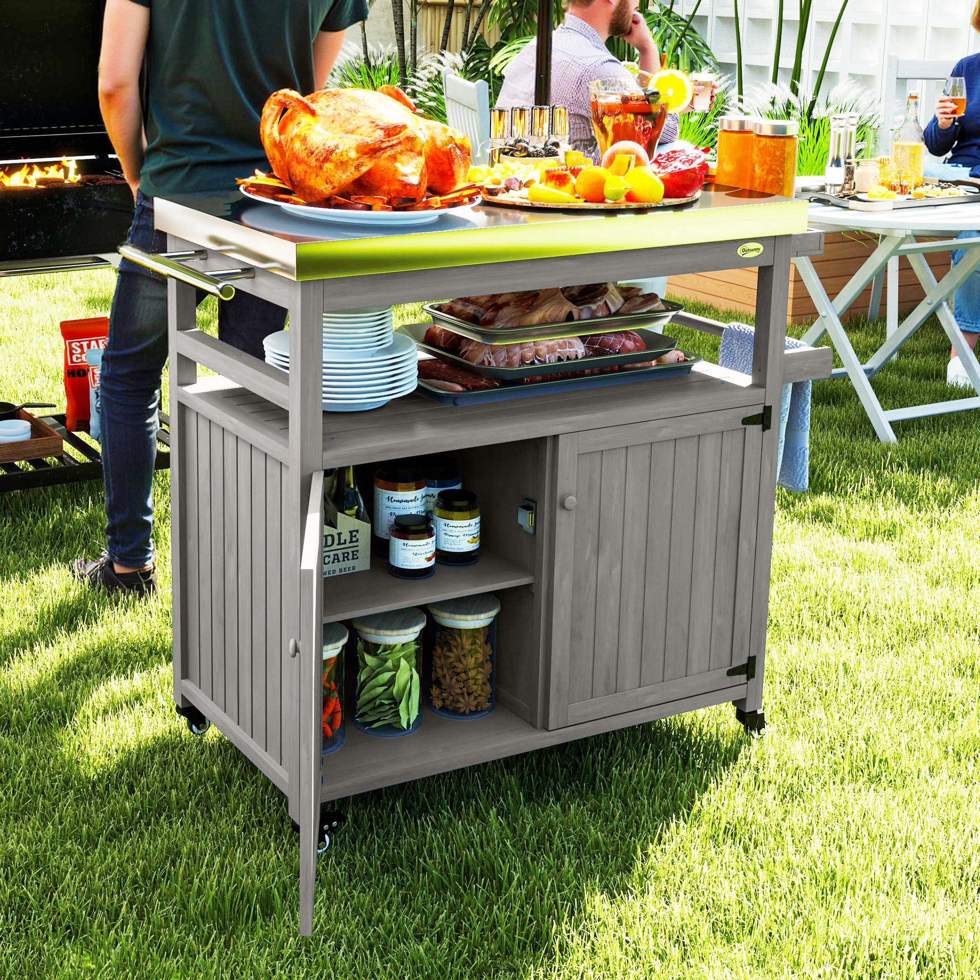 Outdoor Grill Cart W/ Stainless Steel Top, Solid Wood Outdoor Kitchen Island W/ Wheels, Storage Cabinets, Gray