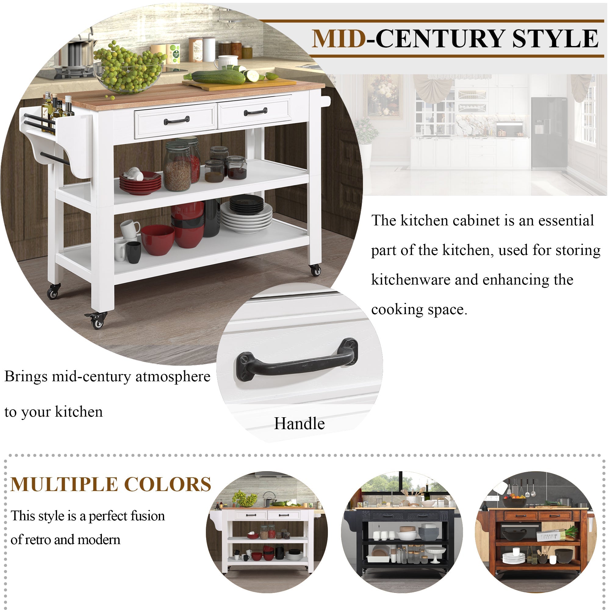 57” Rolling Kitchen Island with Storage,Kitchen Cart with Solid