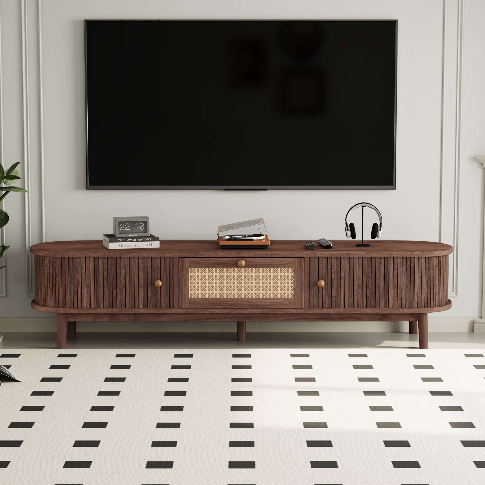 TV Stand For 75” TVs, Media Console TV Cabinet With Rattan-Front Drawer For Living Room, 1 Drawer And 2 Sliding-Door Cabinets