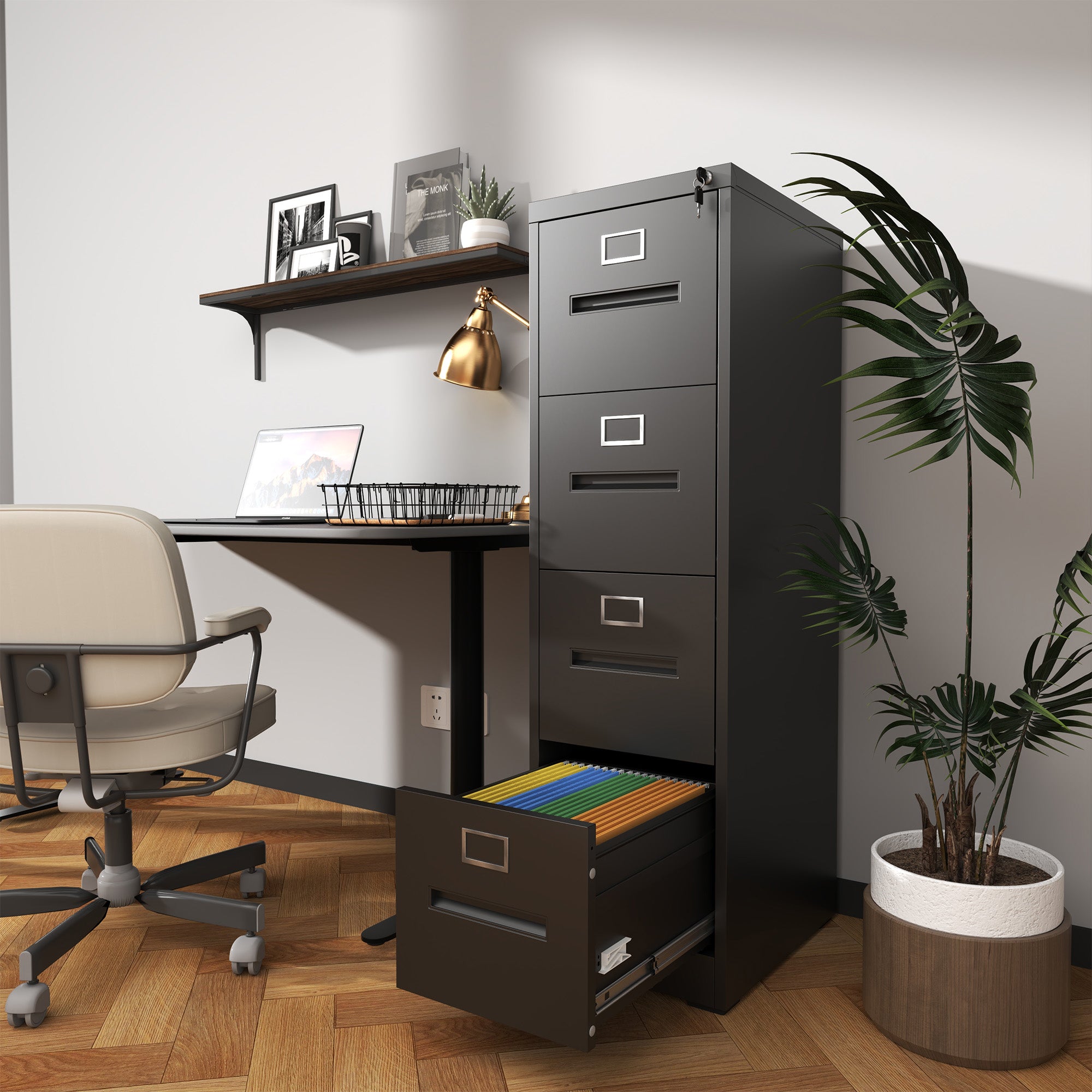 4 Drawer Metal Vertical Black Filing Cabinets With Lock For Home Office,Letter Legal A4
