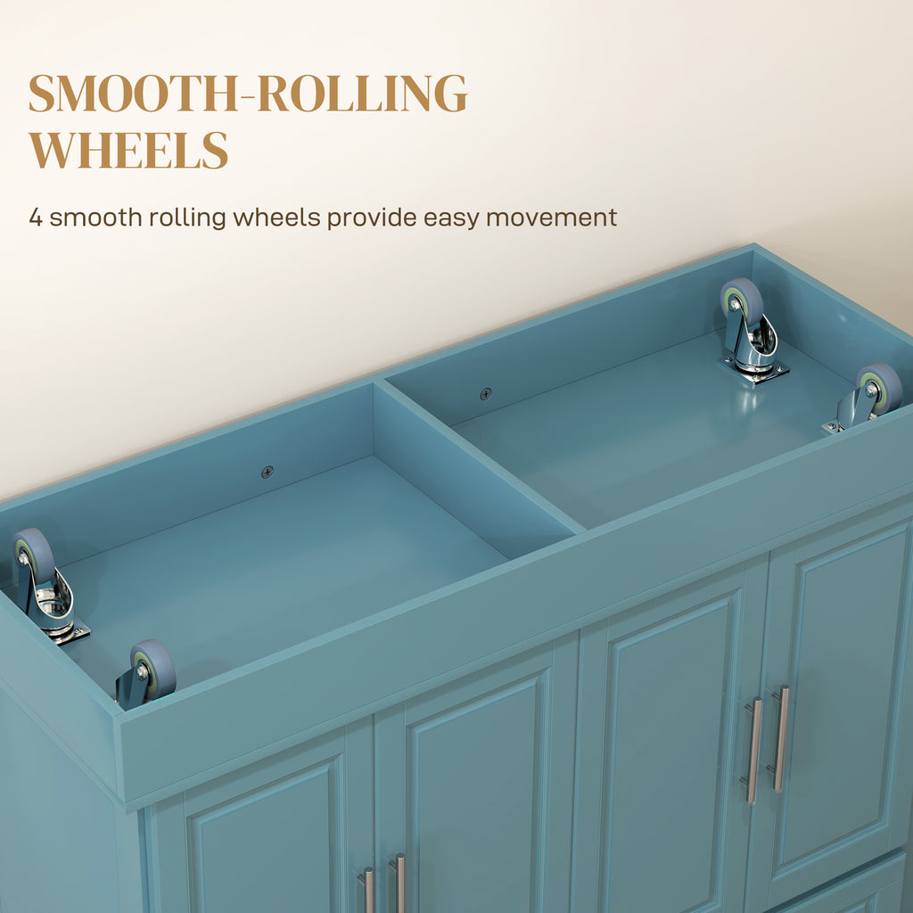 Rolling Kitchen Island with Stainless Steel Top, 2 Drawers, Spice, Knife and Towel Rack and Cabinets, Teal Blue