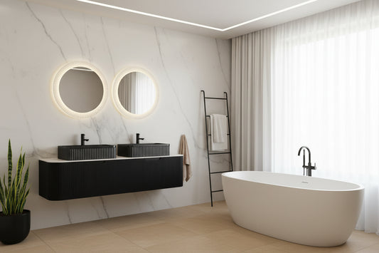 60" Bathroom Vanity With Sinks, Wall-Mounted Floating Curved Edges Striped Bathroom Storage Cabinet With 2 Drawers, 2 Black Rectangular Ceramic Basins, No Faucet