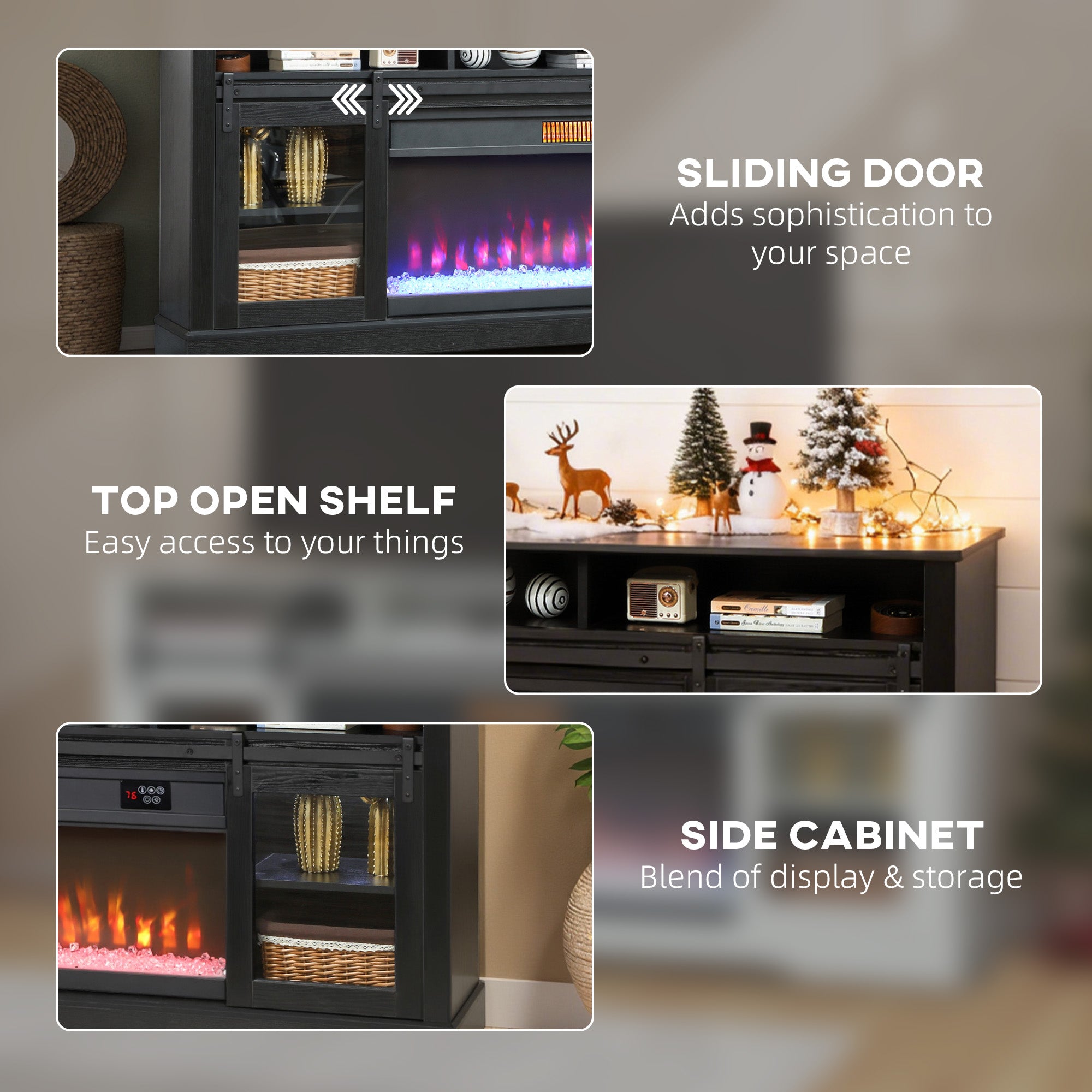 Fireplace TV Stand for TVs Up to 80”, TV Console with Electric Fireplace, Open Storage and Side Cabinets
