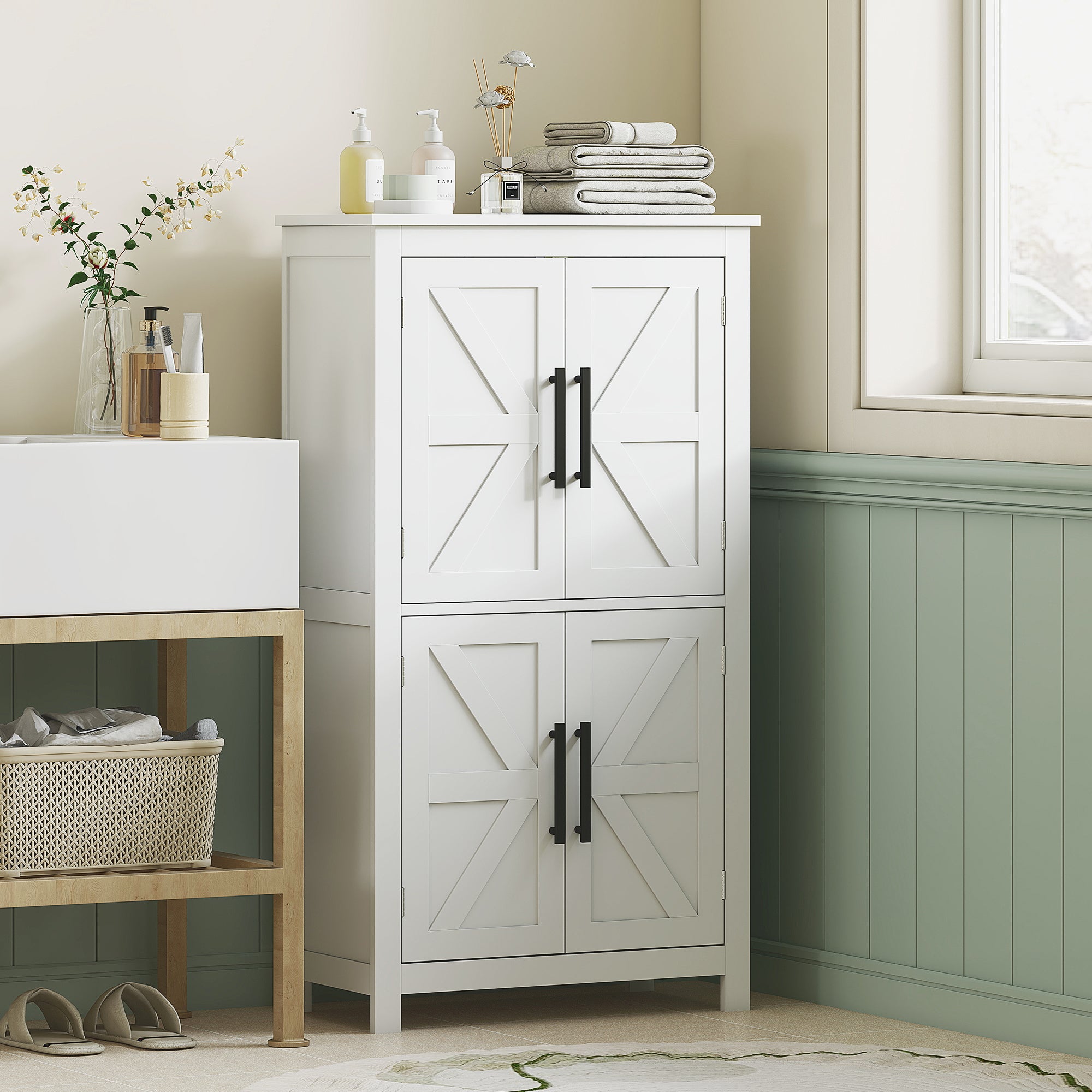 Farmhouse Bathroom Cabinet with 4 Doors and Adjustable Shelf