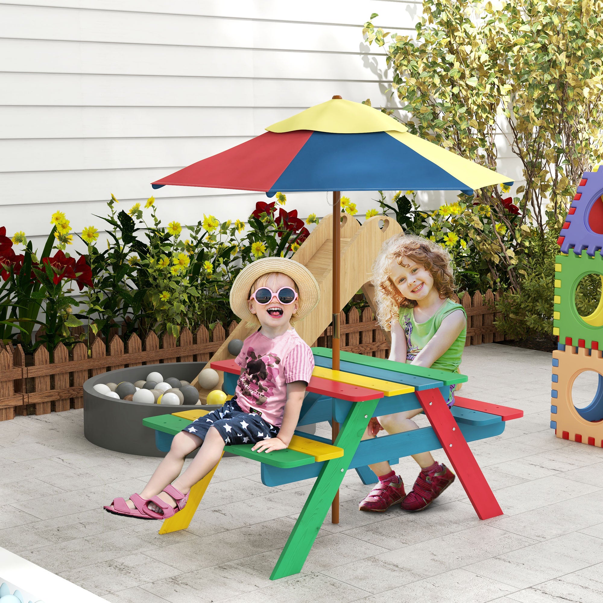 Wooden Kids Picnic Table Set with Parasol, Seating for 2 Children 3-6 Years Old, for Patio Backyard
