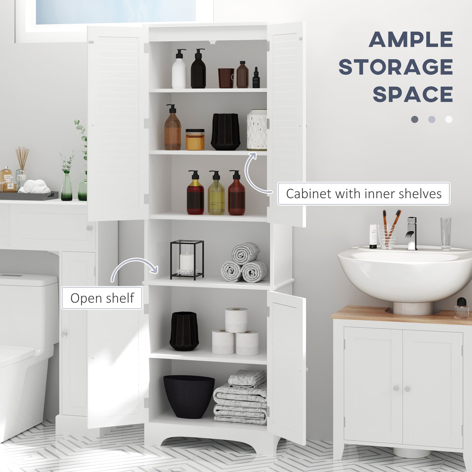 Bathroom Storage Cabinet With Doors And Shelf Adjustability, Freestanding Linen Cabinet With 2 Cabinets And Countertop