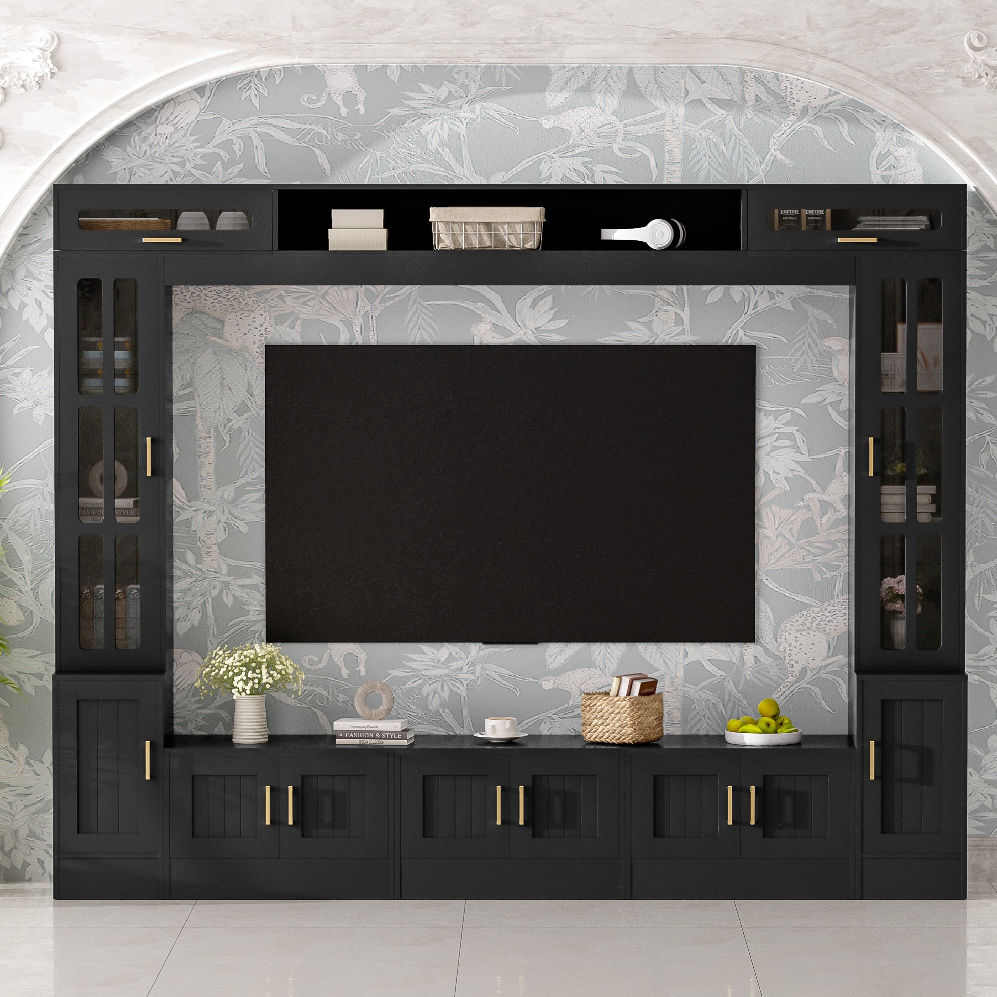 98” Wall Unit Entertainment Center With Bookshelves For TVs Up To 80”