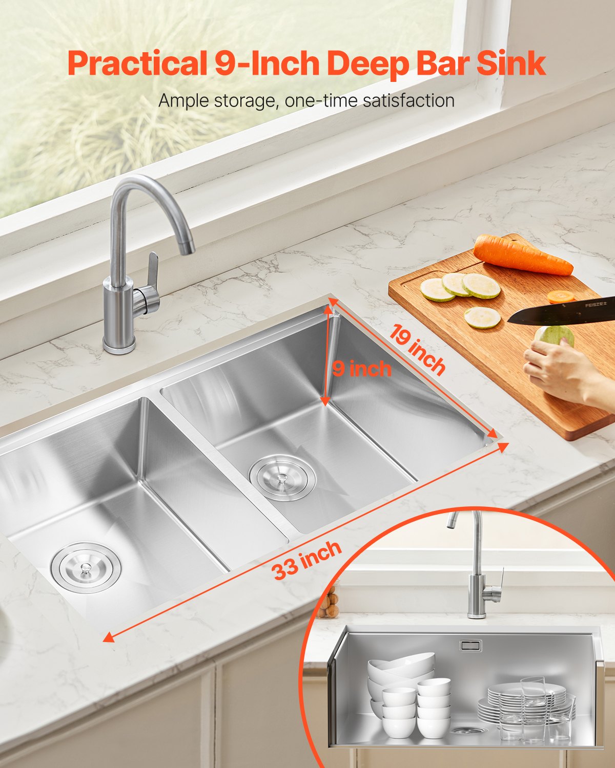 33” Kitchen Sink Undermount Double Bowl Drop-In Basin Stainless Steel Bar