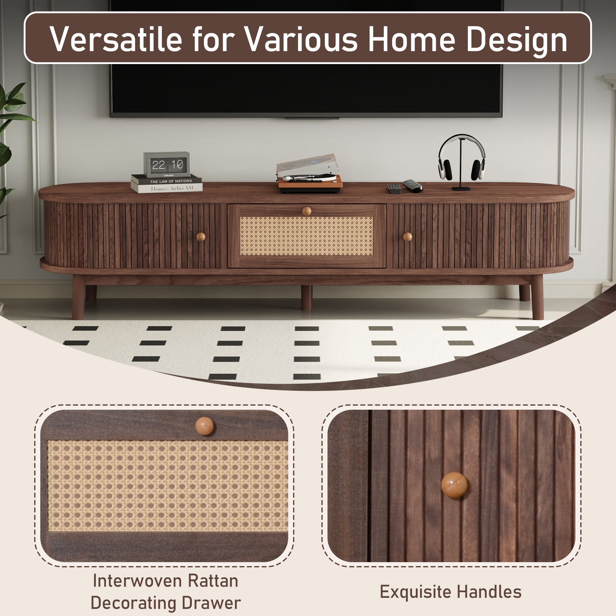 TV Stand For 75” TVs, Media Console TV Cabinet With Rattan-Front Drawer For Living Room, 1 Drawer And 2 Sliding-Door Cabinets