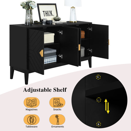 4-door Sideboard Storage Cabinet For Living And Dining Room, Two Large Cabinets With Gold Handle And Adjustable Shelves, Black