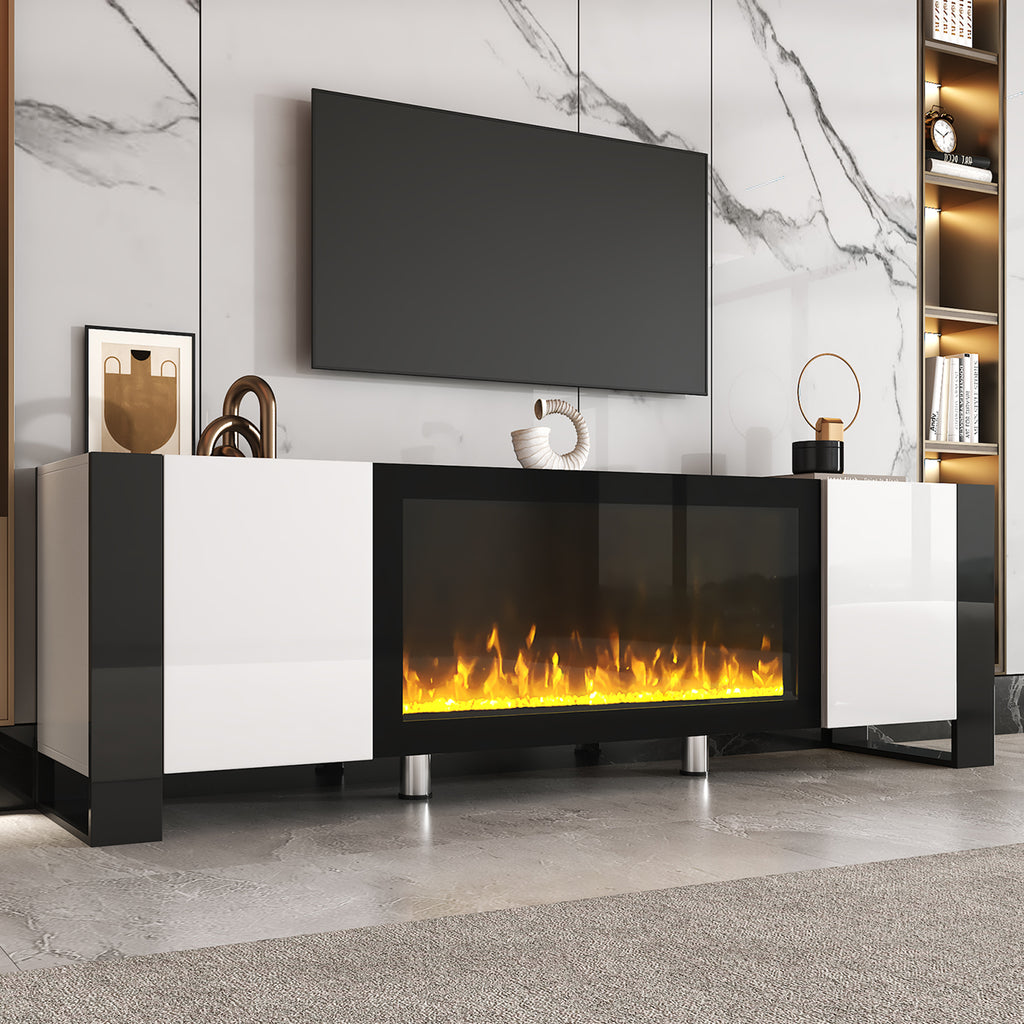 Modern TV Stand With 34” Non-heating Electric Fireplace, High Gloss Entertainment, TVs Up To 78”
