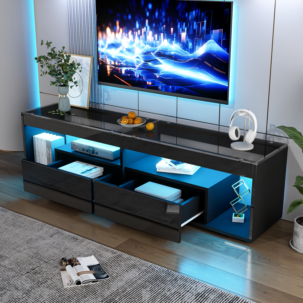 High Gloss TV Stand With 2 Drawers,glass Tabletop,TV Cabinet Storage