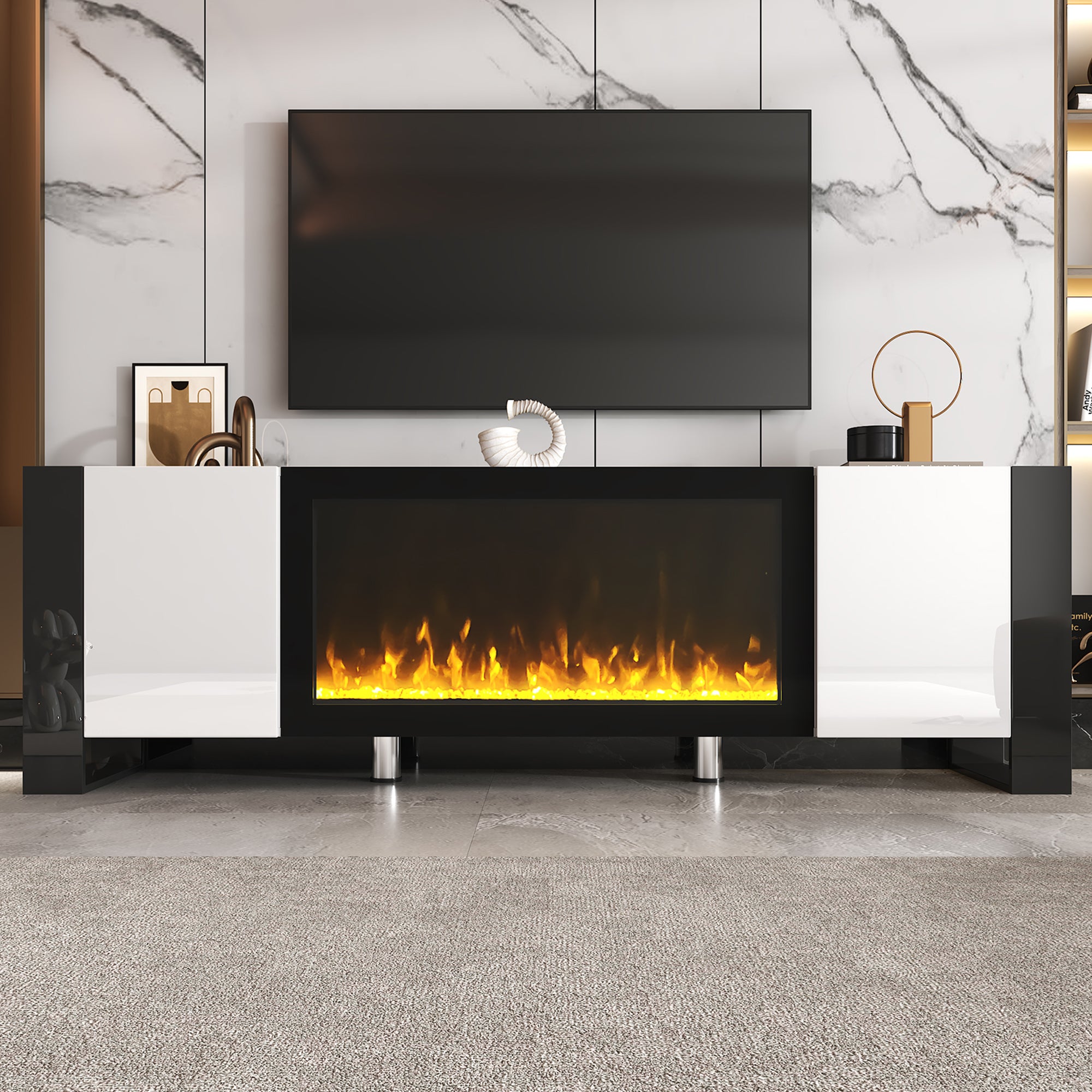 Modern TV Stand With 34” Non-heating Electric Fireplace, High Gloss Entertainment, TVs Up To 78”