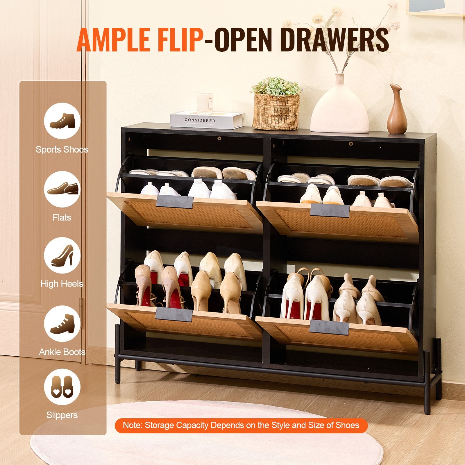 Narrow Shoe Storage Organizer With 4 Flip Drawers, Slim Shoe Entryway Storage Cabinet With Metal Legs