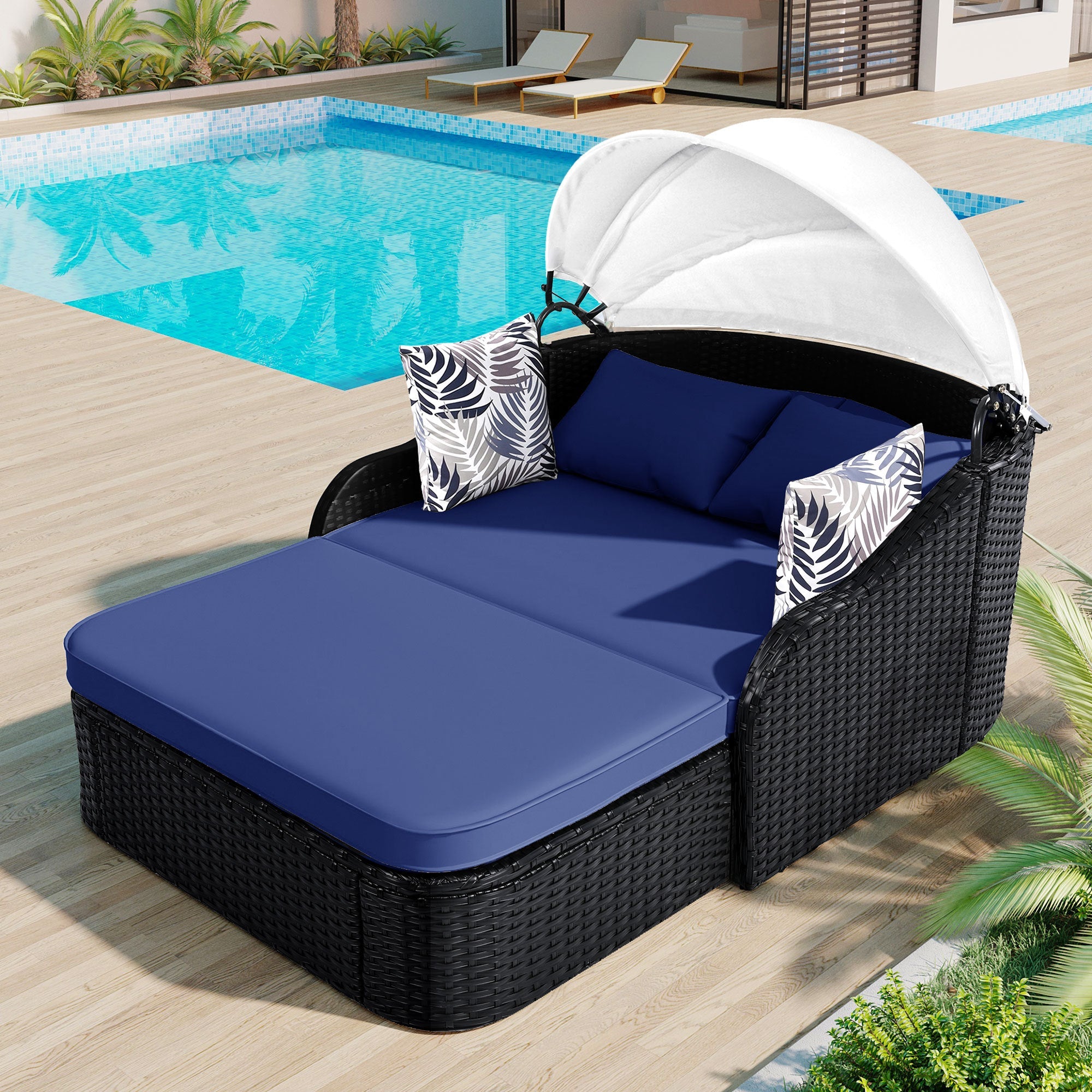 79.9” Outdoor Sunbed with Adjustable Canopy, Double lounge, PE Rattan