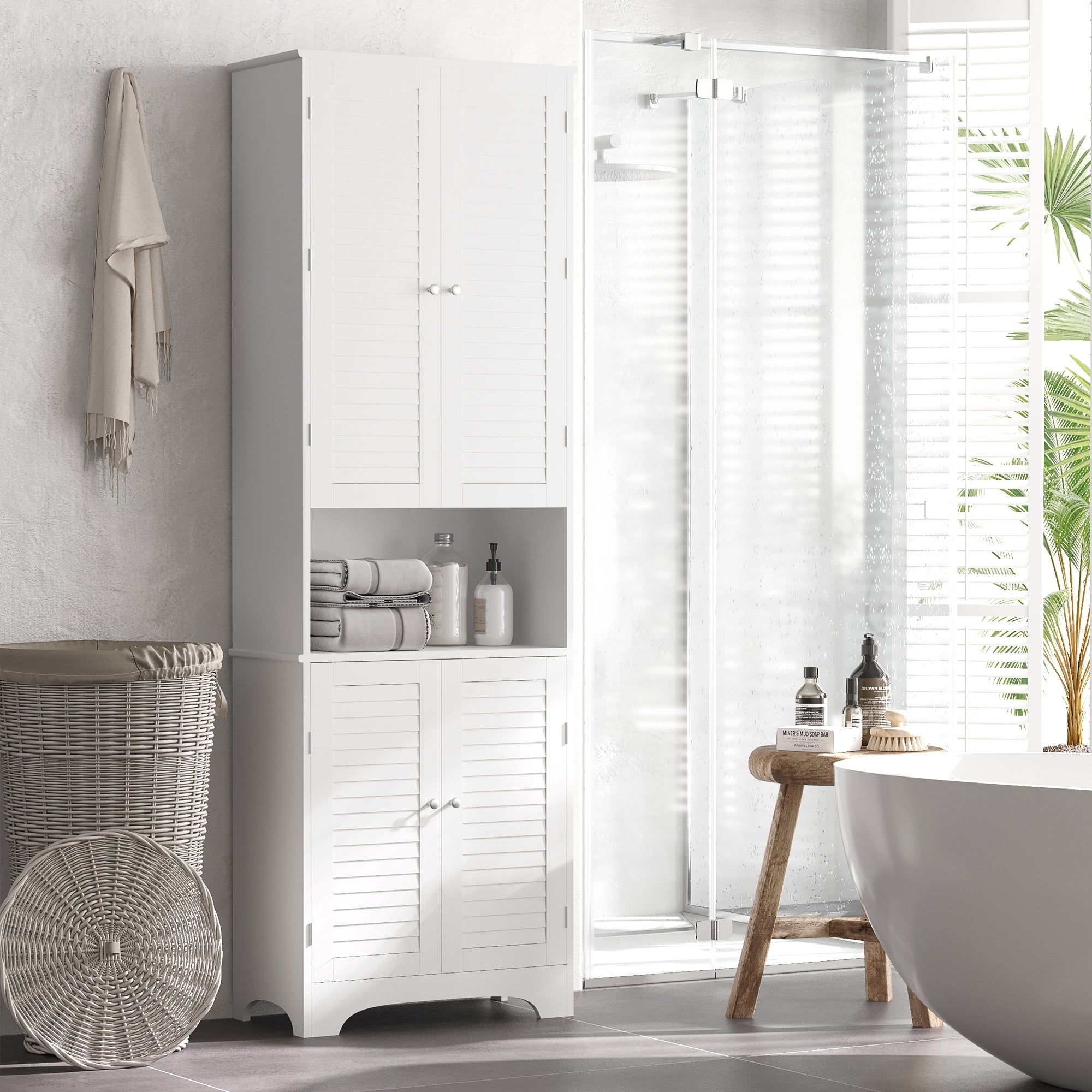 Bathroom Storage Cabinet With Doors And Shelf Adjustability, Freestanding Linen Cabinet With 2 Cabinets And Countertop