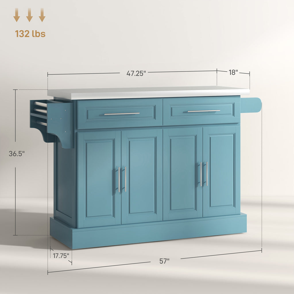Rolling Kitchen Island with Stainless Steel Top, 2 Drawers, Spice, Knife and Towel Rack and Cabinets, Teal Blue