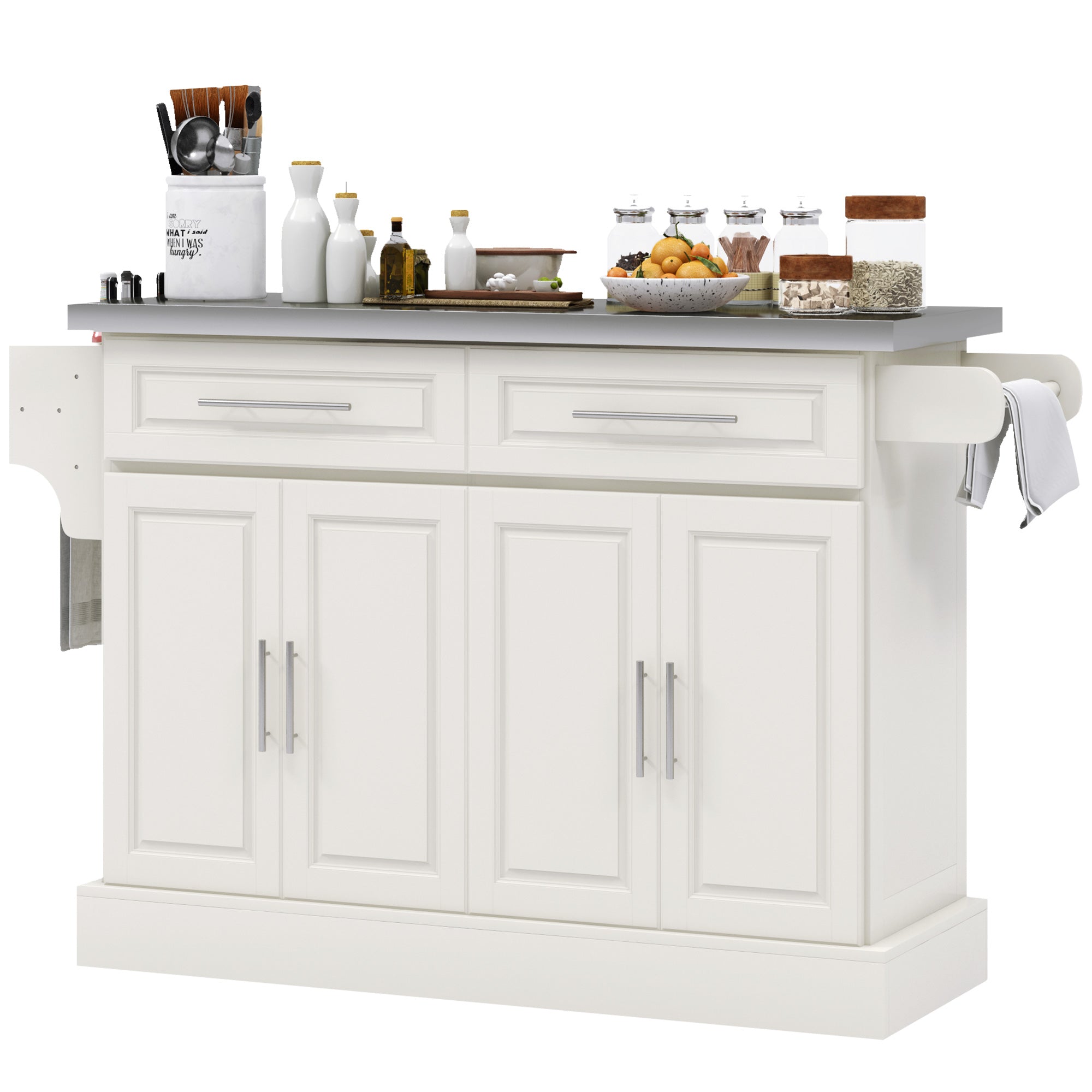 Rolling Kitchen Island with Stainless Steel Top, 2 Drawers, Spice, Knife and Towel Rack and Cabinets, Cream White