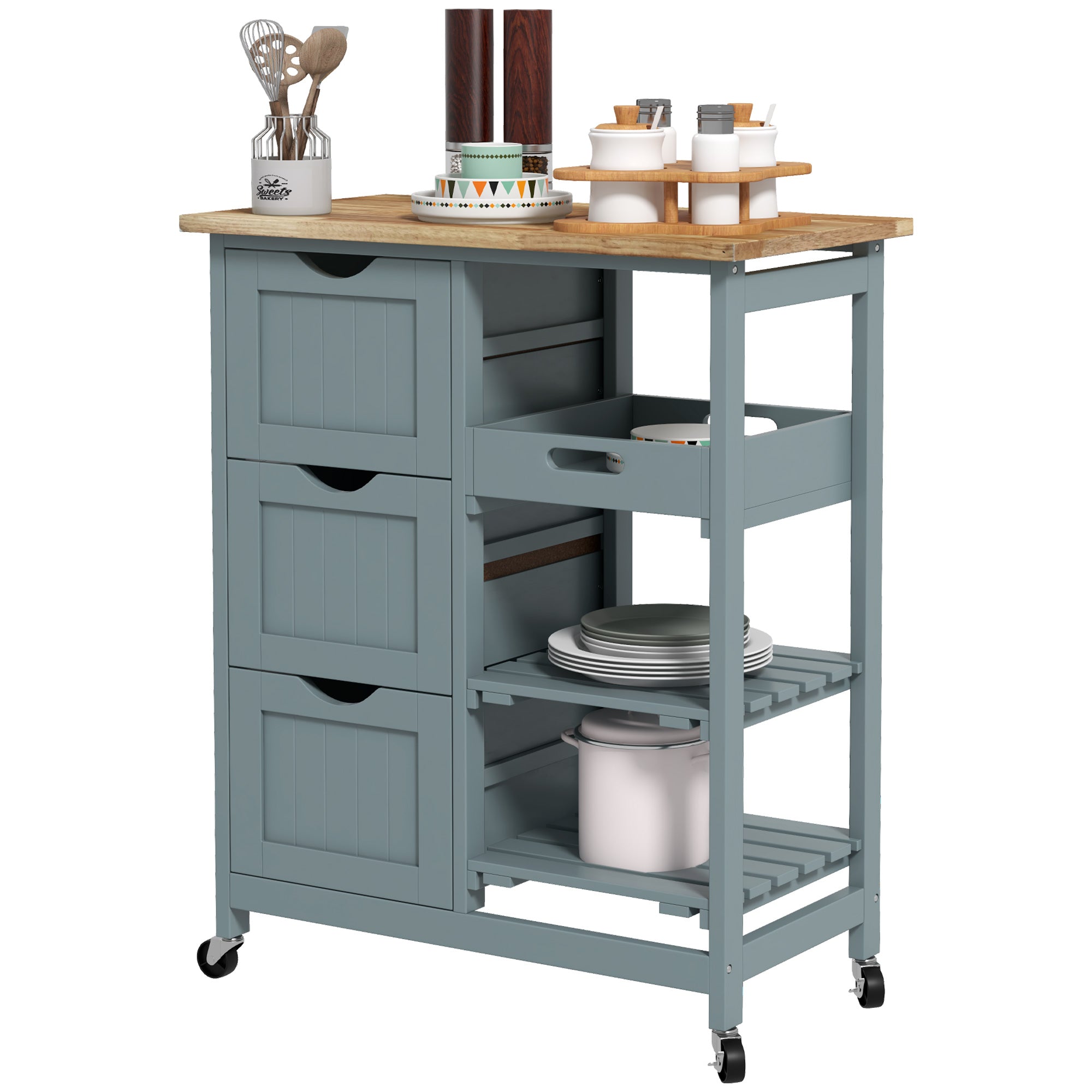 Rolling Kitchen Cart, Kitchen Island with Wood Top, Shelves & Drawers
