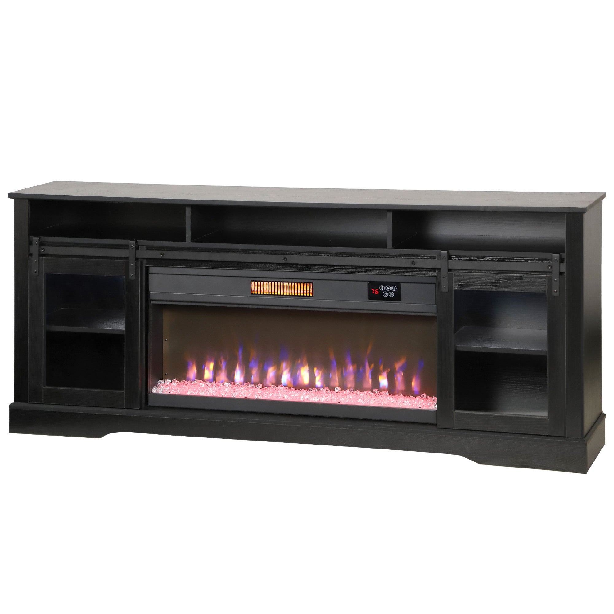 Fireplace TV Stand for TVs Up to 80”, TV Console with Electric Fireplace, Open Storage and Side Cabinets
