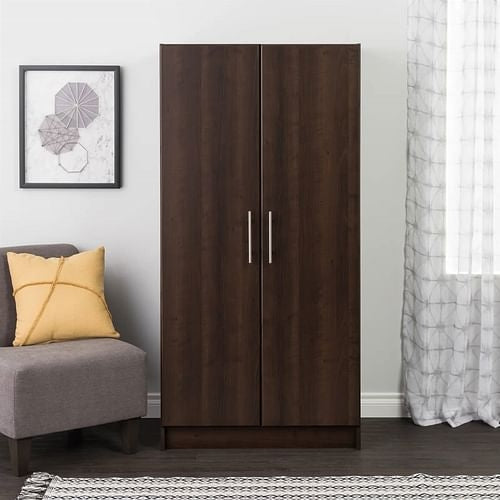 Bedroom Armoire Wardrobe Cabinet with Hanging Rail in Dark Brown Wood