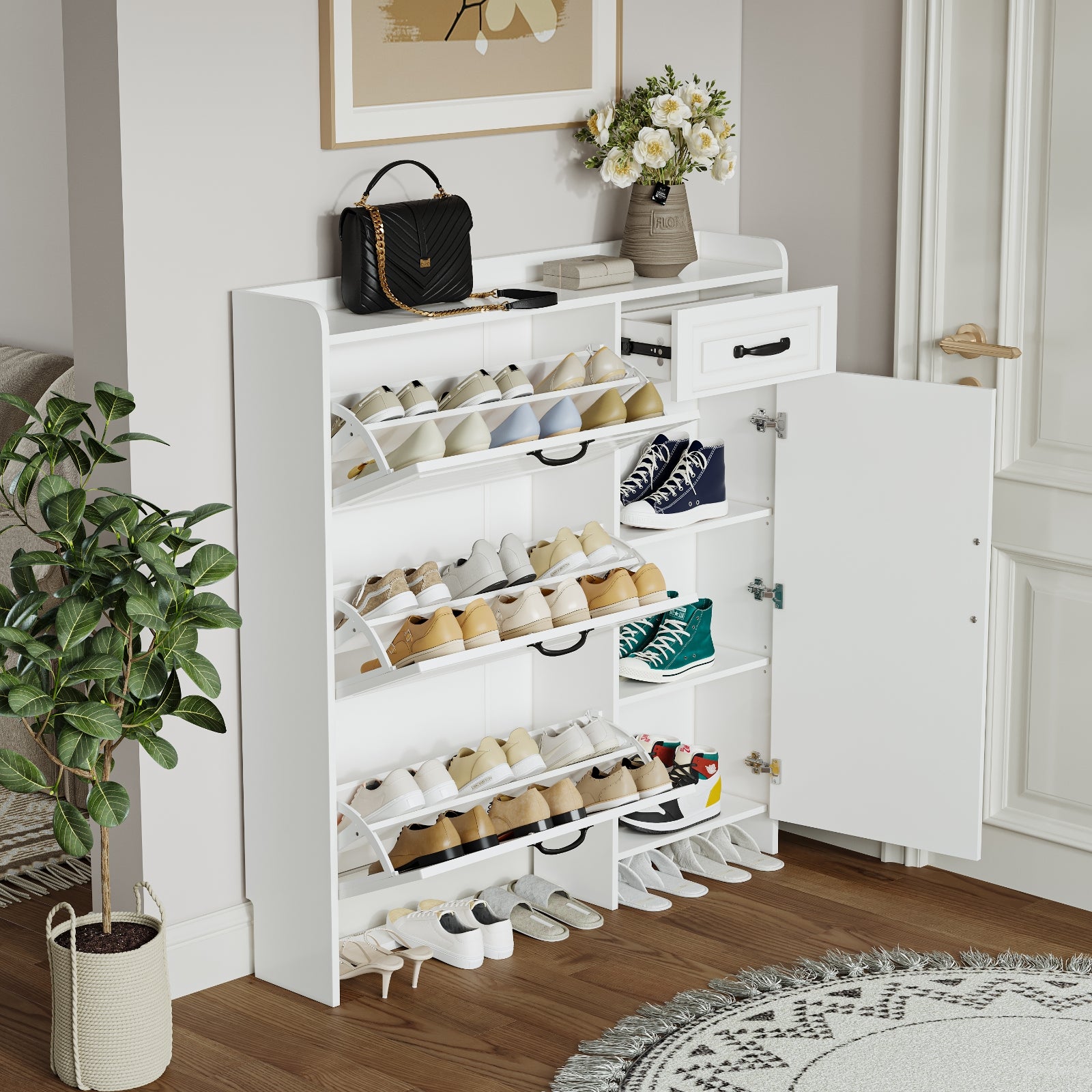 Shoe Cabinet With 4 Doors 1 Drawers,PVC Door With Shape