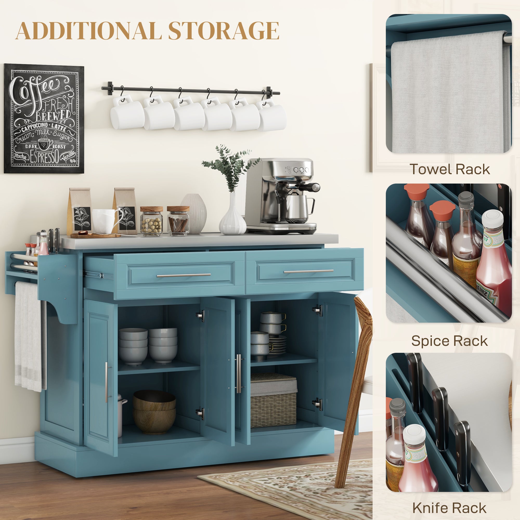 Rolling Kitchen Island with Stainless Steel Top, 2 Drawers, Spice, Knife and Towel Rack and Cabinets, Teal Blue