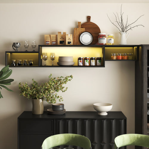 65” Wall Mounted Floating TV Stand With 20 Color LEDs And Charging Station